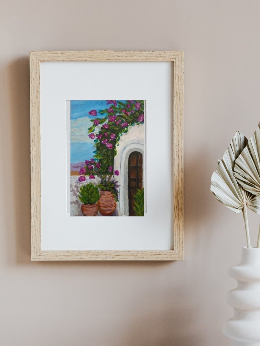 Greek Island Courtyard Floral Wall Art with Purple and Green Accents
